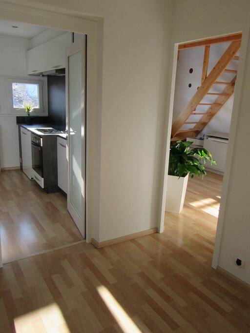le hall d'entrée de votre appartement avec portes dans chaque pièce distribuant les 2 chambres, la cuisine ainsi que la salle d'eau.