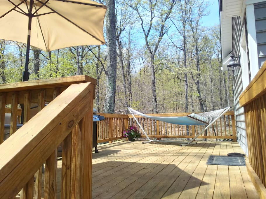 Private deck with gas grill and hammock.