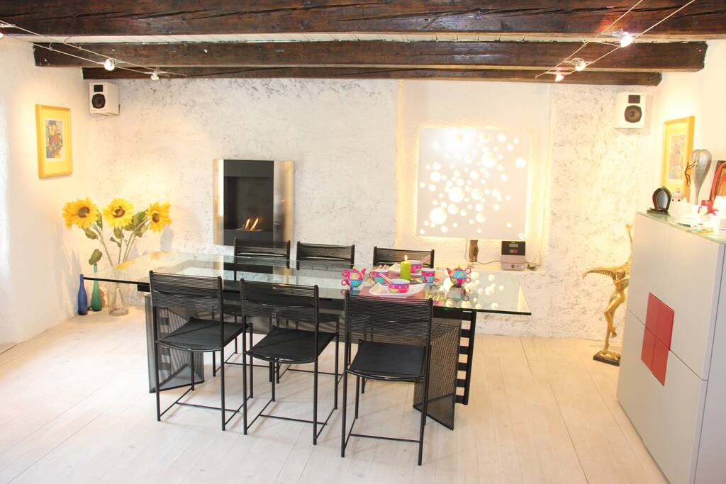 You can have breakfast here, in the dining room