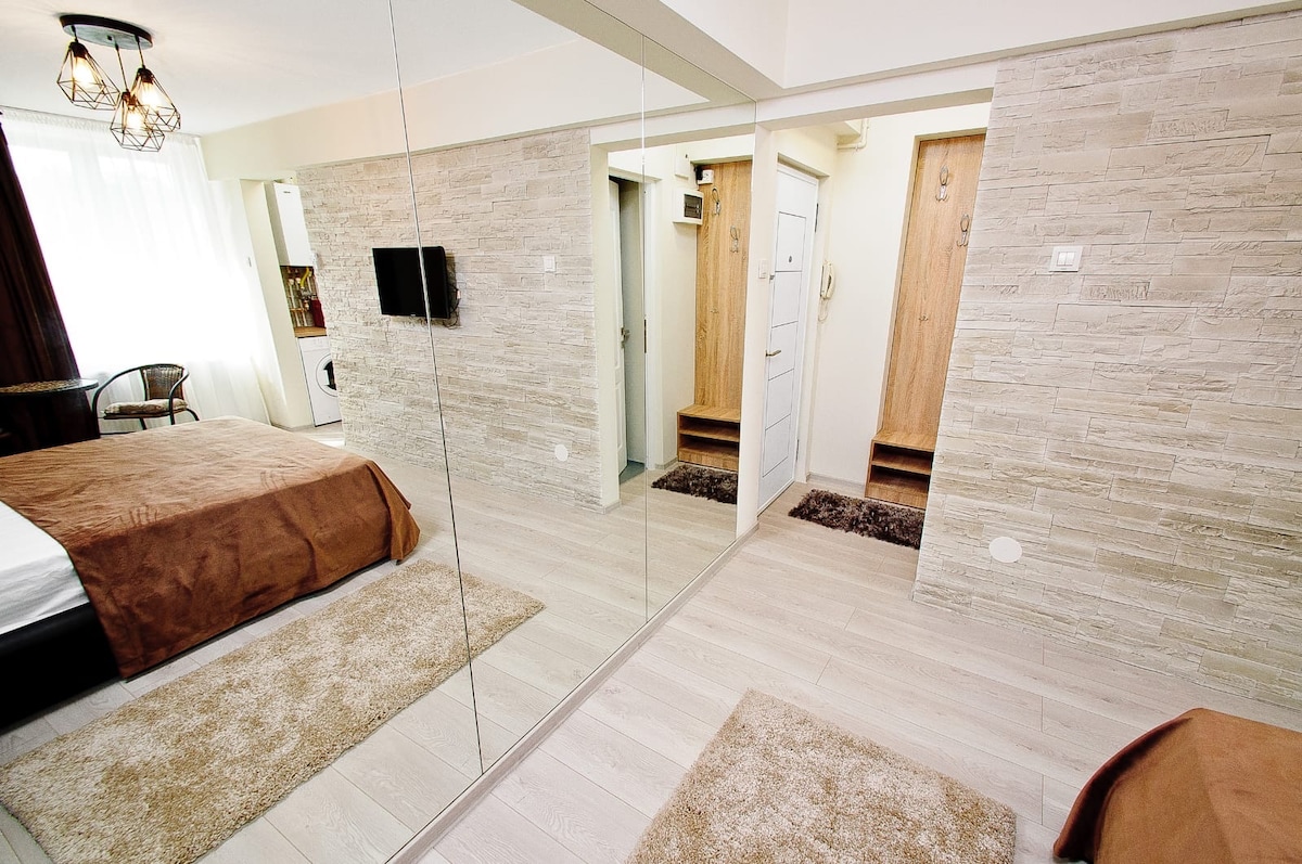 A modern room is visible, featuring a spacious bed with a brown blanket. A large mirror reflects the room's light-colored wooden flooring and textured stone accent wall. A soft area rug lies beneath the bed, while a small TV is mounted on the wall, opposite the entrance.