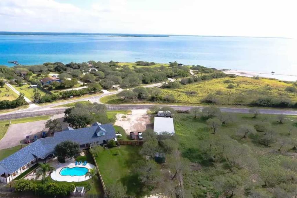The lodge from the air, overlooking Baffin Bay
