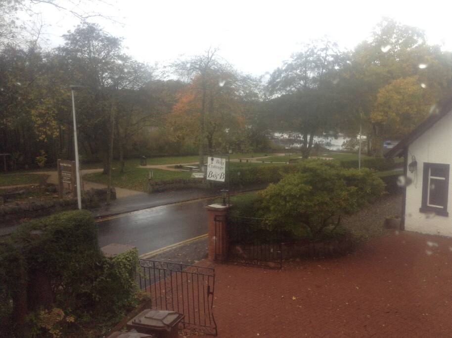 View from window overlooking boatyard and Loch Lomond