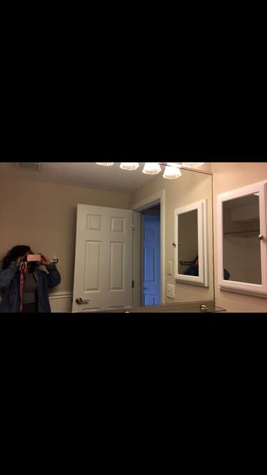 Bathroom with vanity mirror, bath tub, toilet, and shower, please keep it clean :)