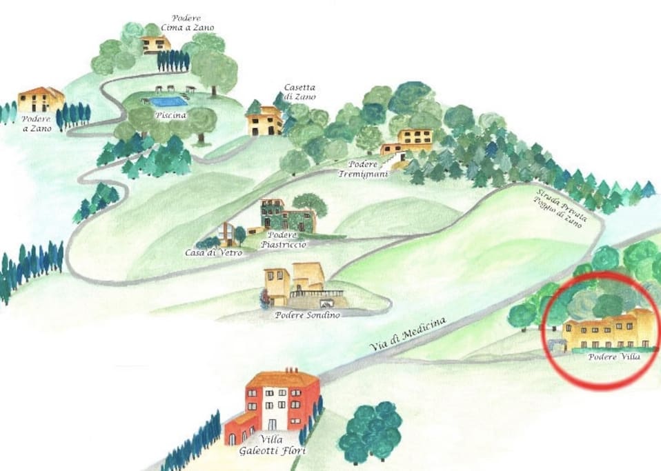 La piantina della tenuta, con i poderi che ospitano gli appartamenti