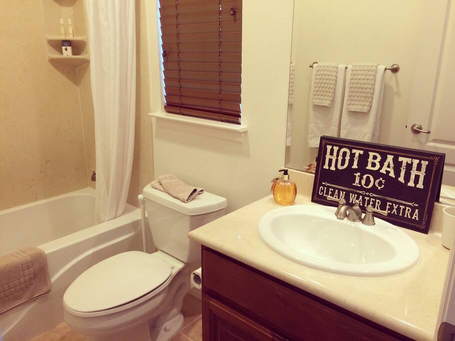 Full bath with hair dryer and toiletries in case you forget yours.