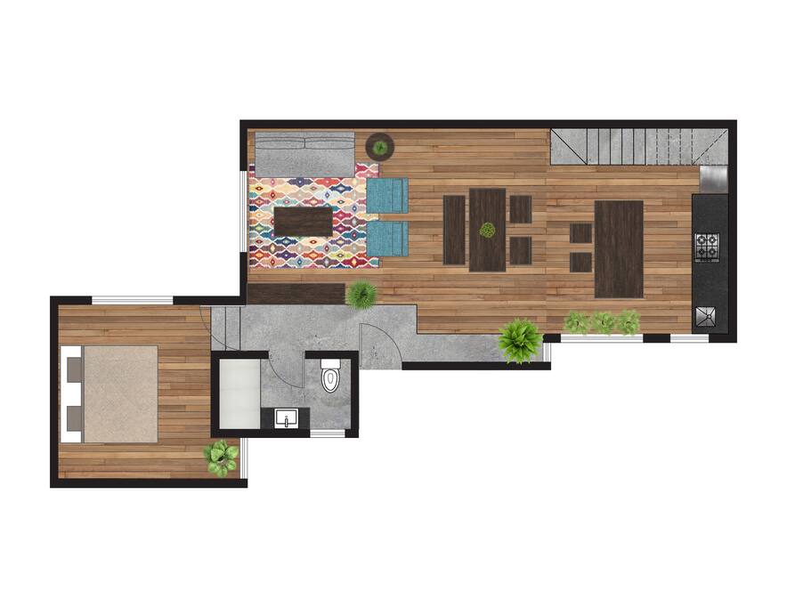 Private bedroom and living area with a fouton