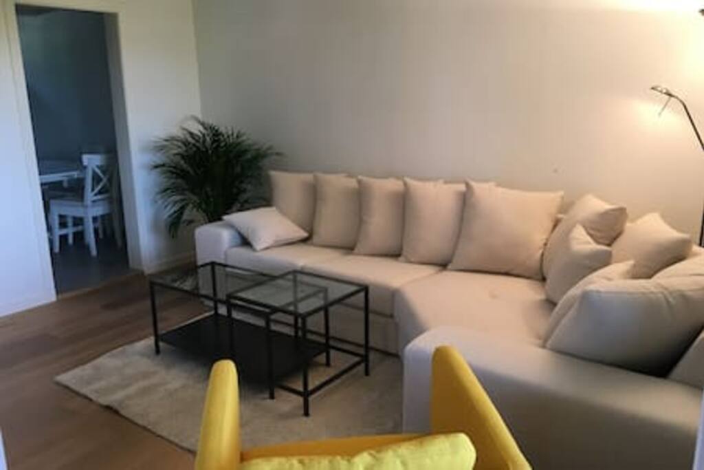Stue med sofa (denne er byttet ut med en hvit skinnsofa som tåler søl)