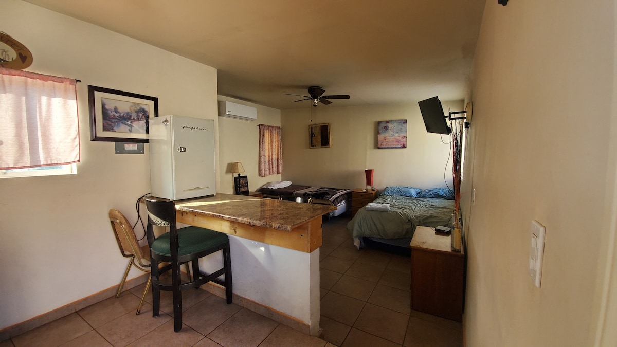 A well-organized studio space features a small dining counter with a few chairs, a large refrigerator, and a mounted television. Two beds are positioned against the wall, with one set in dark bedding and the other in light bedding. Natural light enters through a partially covered window.