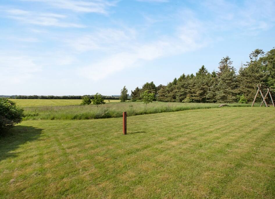 The wonderful garden with a little forest, a swing and the view over the cornfields