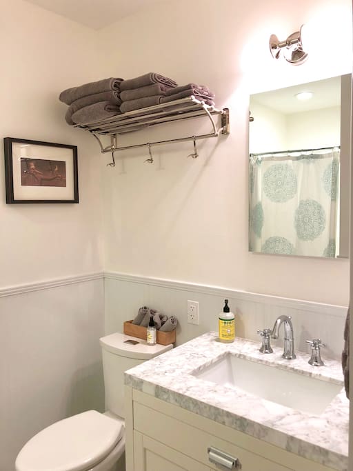 Well-stocked and light-filled bathroom with walk-in shower.