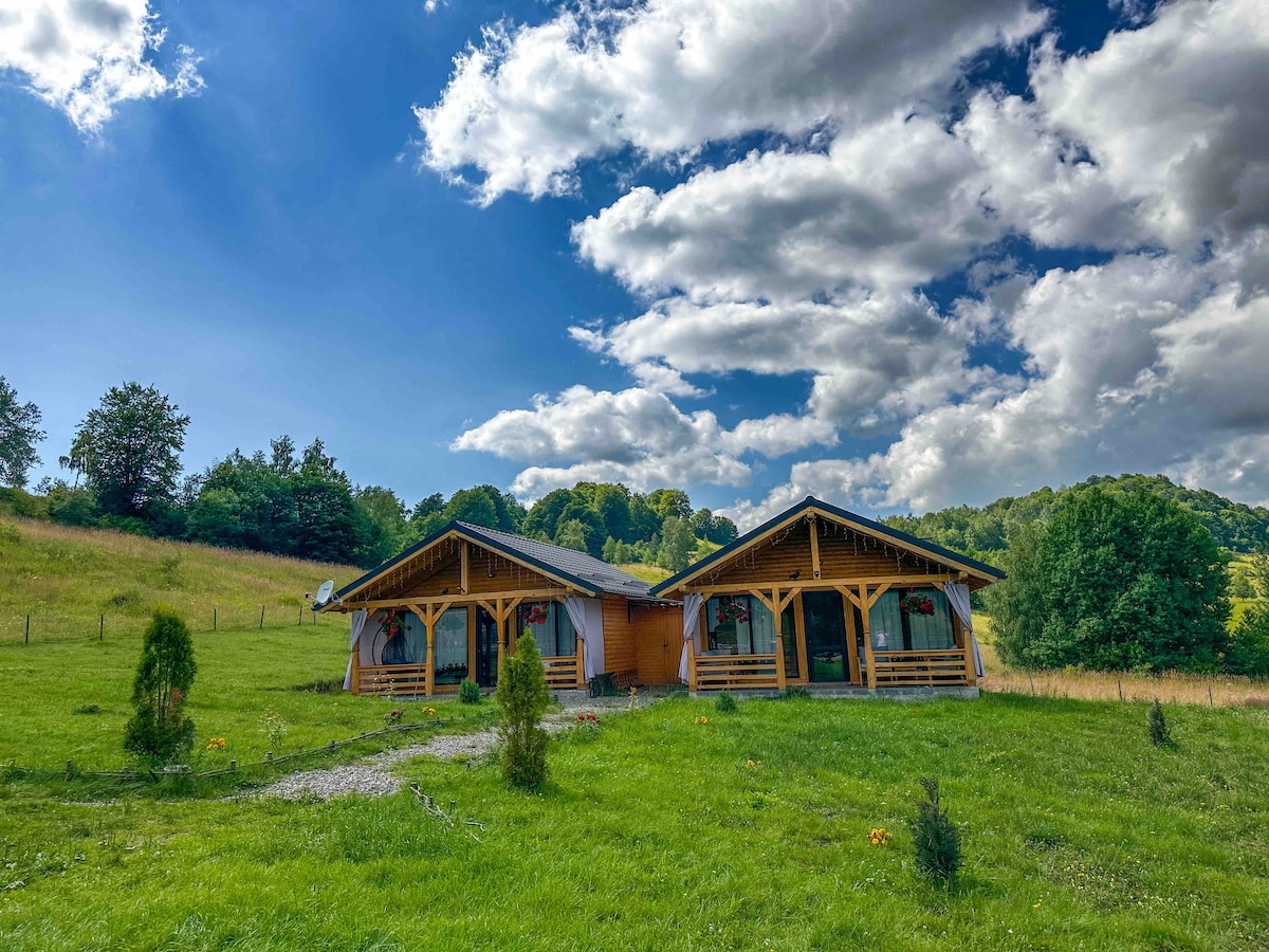 Two charming chalets are nestled in a lush green landscape, surrounded by rolling hills and trees. The wooden structures feature covered porches, enhancing the connection to nature. Fluffy clouds drift across a bright blue sky, creating a peaceful atmosphere.