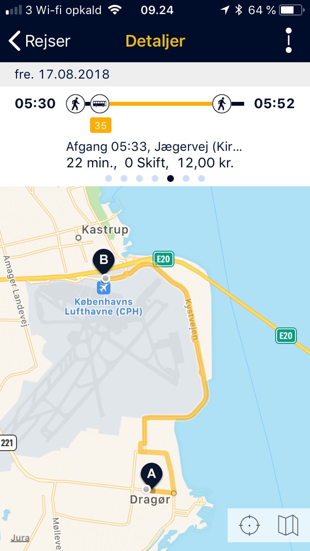 A travel itinerary showing public transport options from Dragør to Copenhagen Airport. The route includes a bus number 35 and indicates a travel time of approximately 22 minutes with no transfers needed.