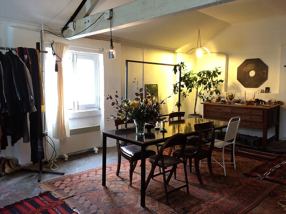 Large dining room table/workspace with city views
