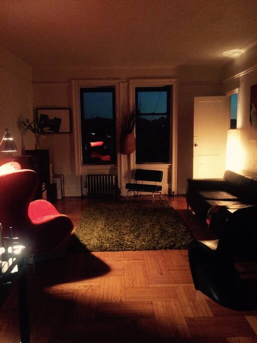 Our cozy living room by night.