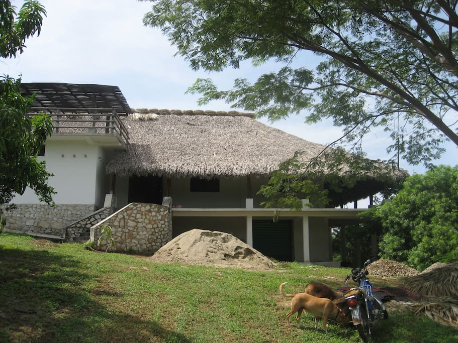 The main entrance to the house showing the wrap around porch with hammocks
