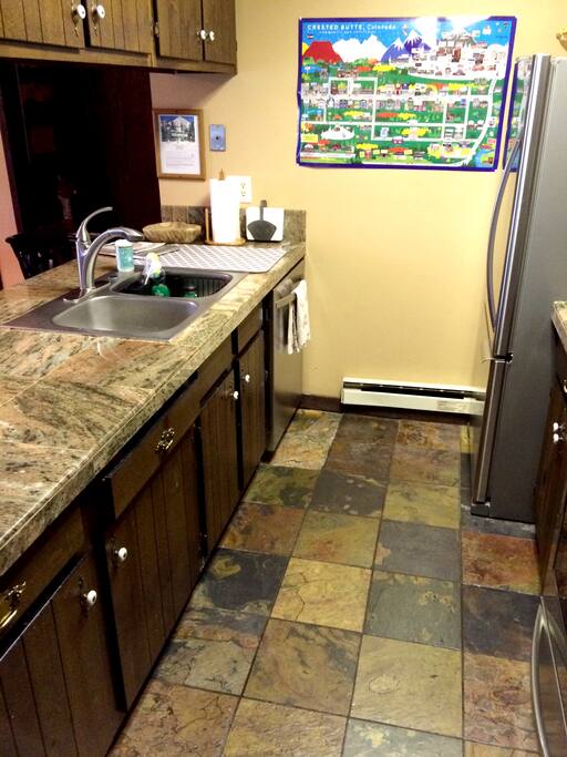 Slate tile floors.