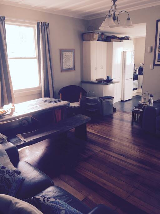 Open plan lounge, dining and kitchen.