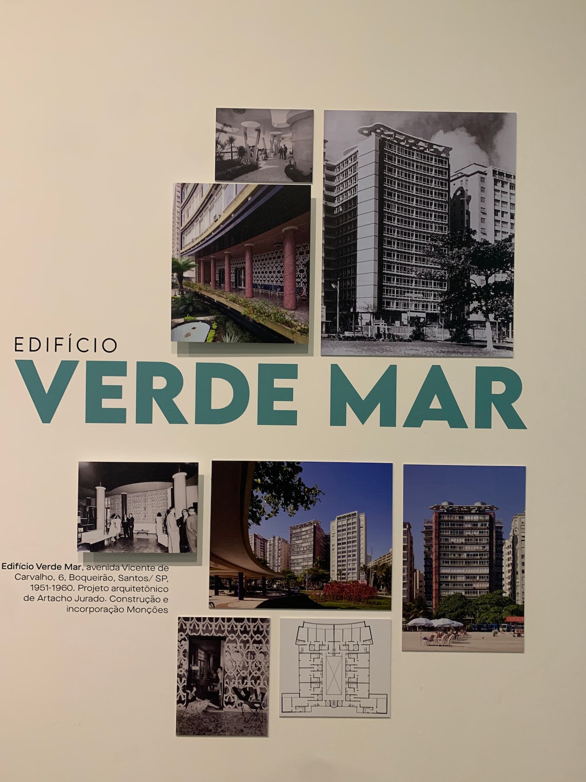 A collage of black and white photographs highlights the architectural history of Edifício Verde Mar. Images showcase various perspectives of the building, along with surrounding structures, emphasizing its design features. The text provides contextual information about the architect and construction details.
