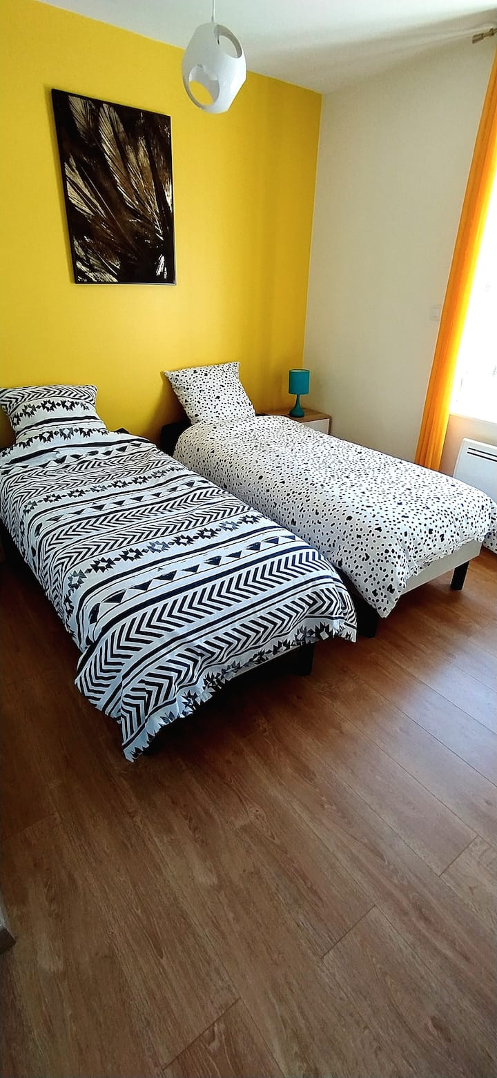 Chambre 2 au rez-de-chaussée.
Lits adaptables : 1 grand lit queen size 160*200 ou 2 lits jumeaux séparés 80*200.
Commode, miroir en pied.
Vue sur le jardin.