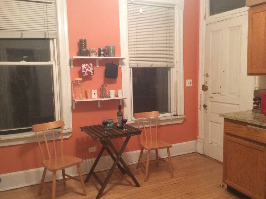 My adorable kitchen table and chairs. nice spot to have your morning tea or coffee before setting out for the day. Or to unwind with a glass of wine at the end of it.
