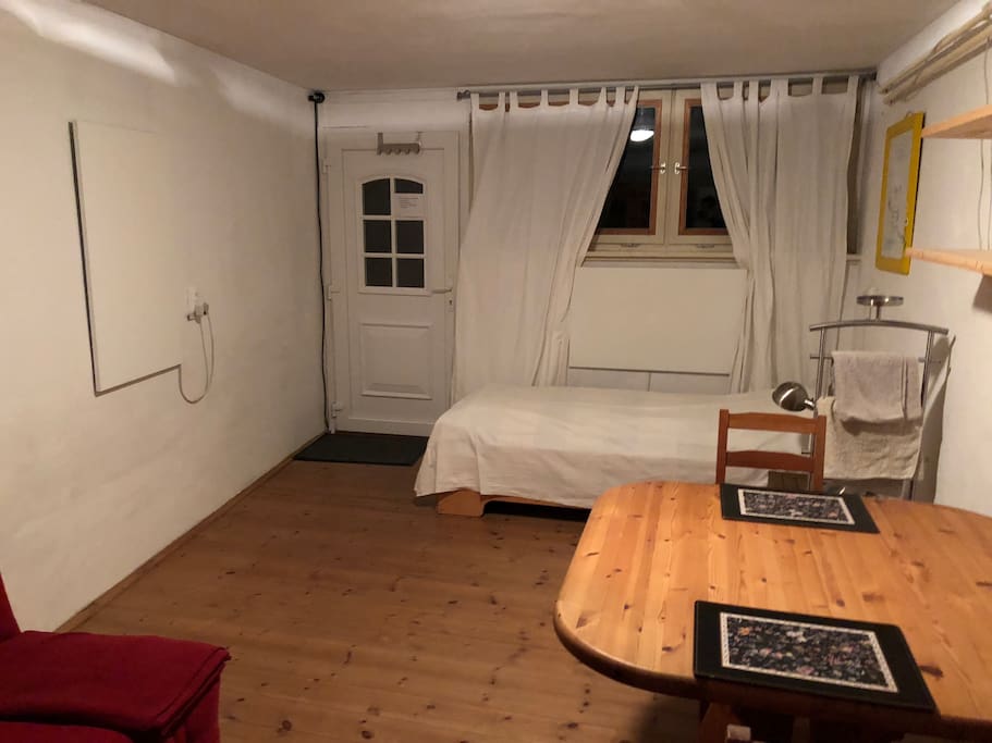 Wohn-& Schlafzimmer mit Blick auf den Eingang.