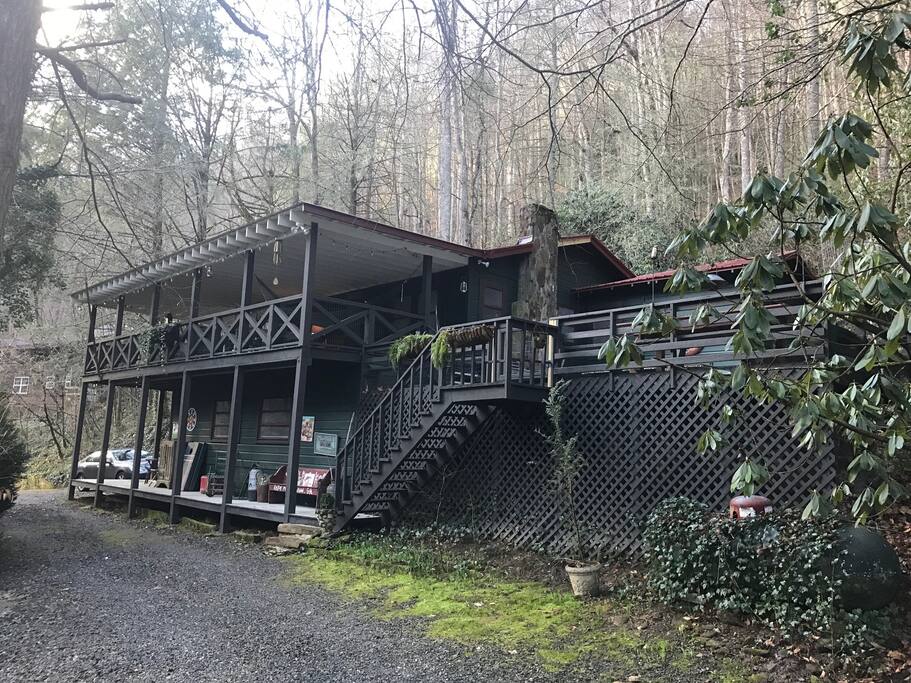 Morning sun on the cabin known as "Once Upon a Porch." Private grounds and the whole house is yours for the booking.