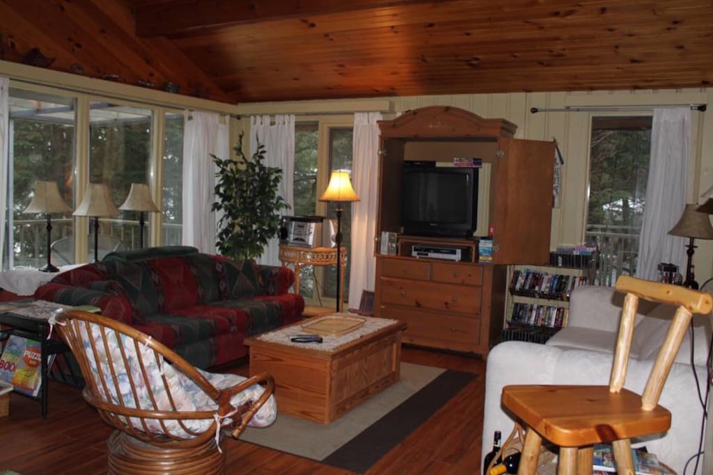 The living room features lots of light, lakefront view, woodburning stove, and a huge collection of movies.