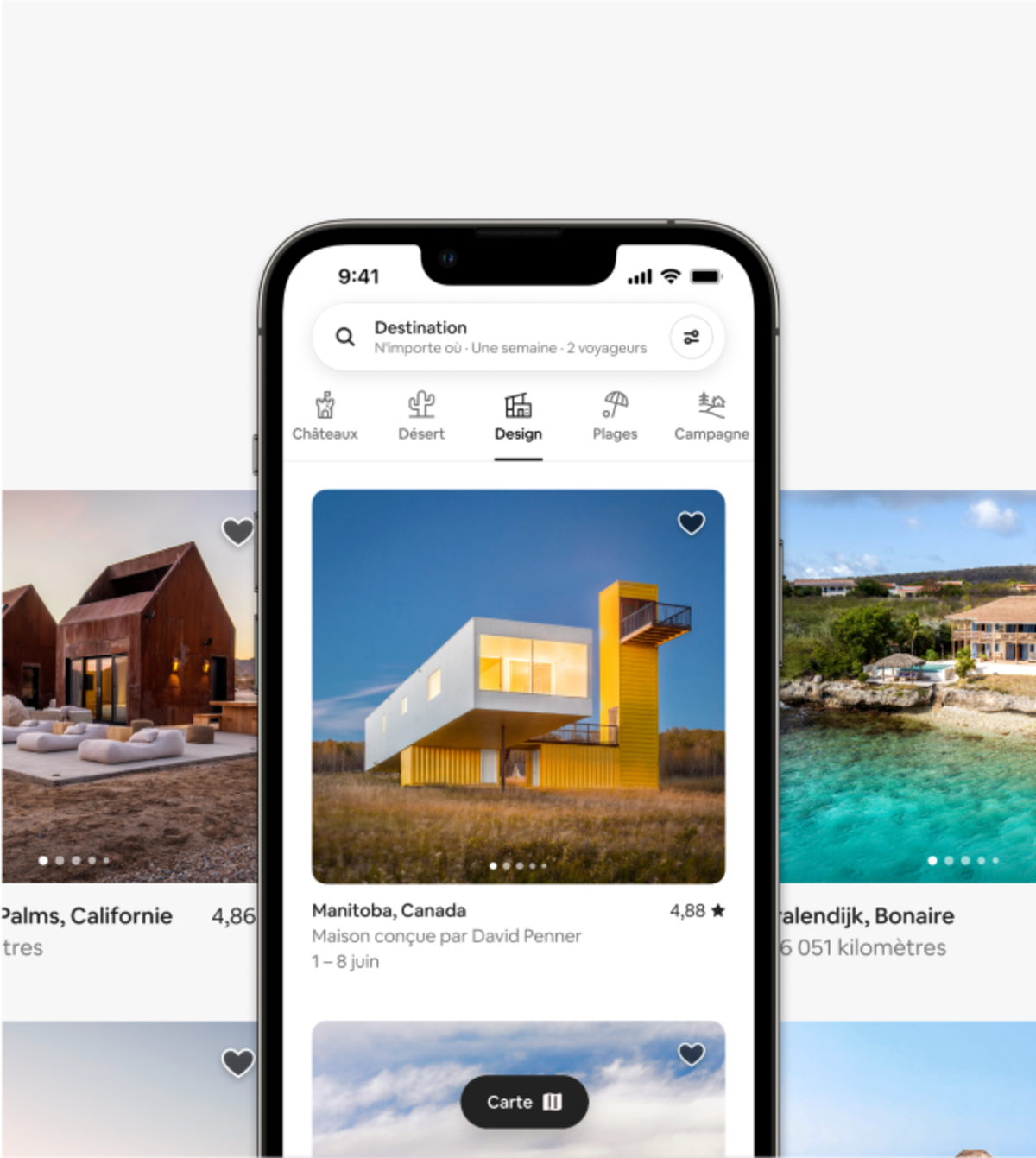 L'image d'un téléphone portable montre le tout nouveau design Airbnb, qui s'articule autour des catégories Airbnb.