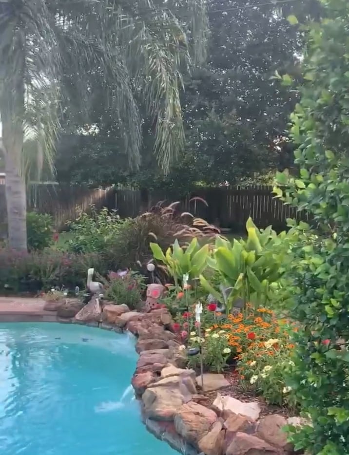 A private backyard oasis features a turquoise pool surrounded by lush greenery and vibrant flowers. Natural stone landscaping outlines the pool area, while palm trees and ornamental plants create a serene environment, providing a tranquil setting for relaxation.
