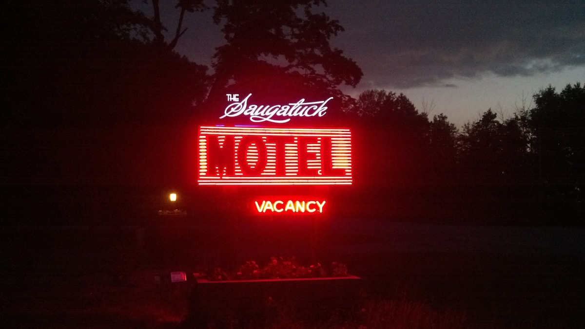A neon sign for The Saugatuck Motel is prominently displayed, illuminated in bright red against the evening sky. The sign features the word 'MOTEL' in large letters with 'VACANCY' illuminated below, surrounded by dark trees and a grassy area.