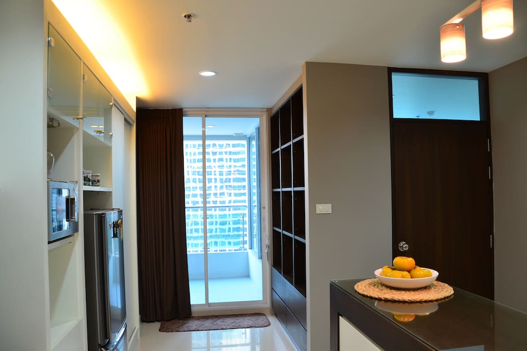 Kitchen area: full sized refrigerator, microwave, all culinary ware is provided