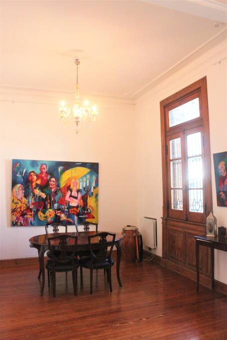Living room with classical details; high ceilings (4mt), oak doors and windows