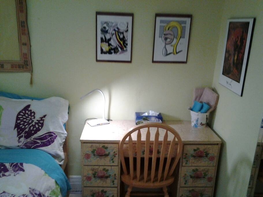This is your desk where you will find several pages explaining how things work, your wifi passwords and for guests who are light sleepers, earplugs.