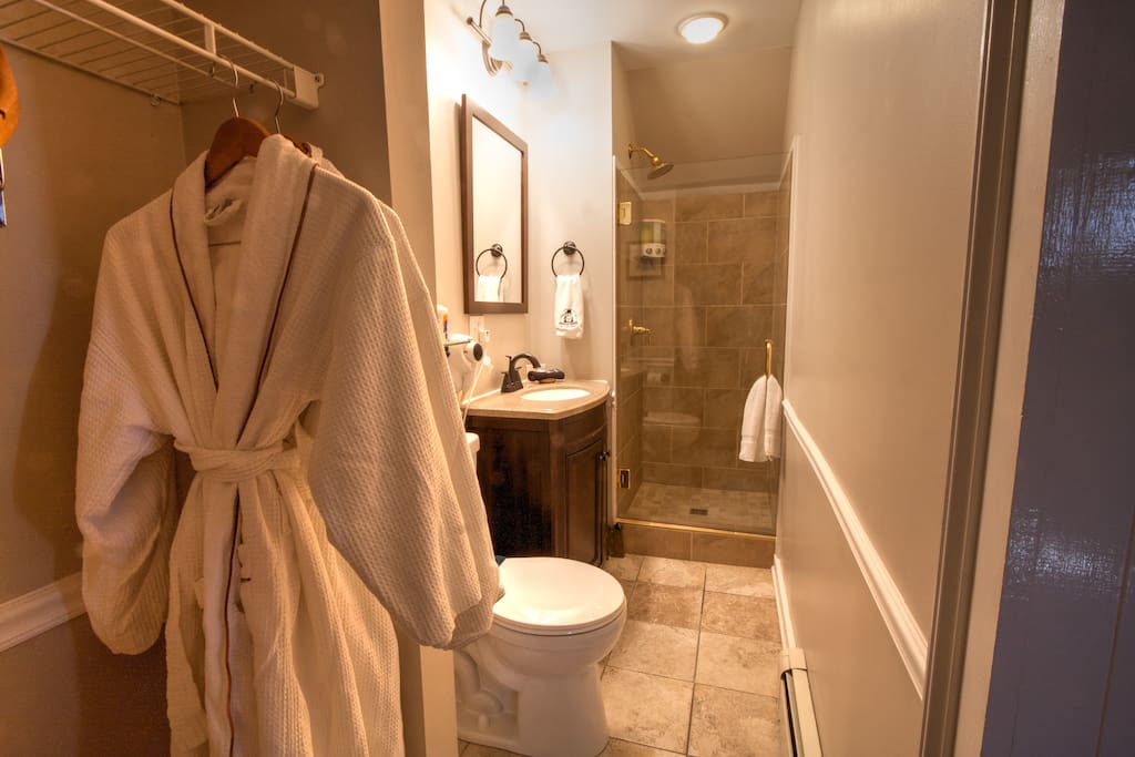 On-suite bathroom with shower & antique vanity