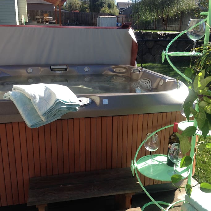 relax; 6 person hot tub in private fenced backyard.