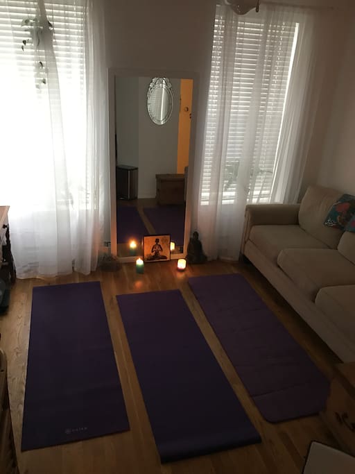 Room is easily transformed into a sanctuary for meditation or yoga, just move the coffee table and unroll the mats by the window...the space can also fit an air mattress if you have one!