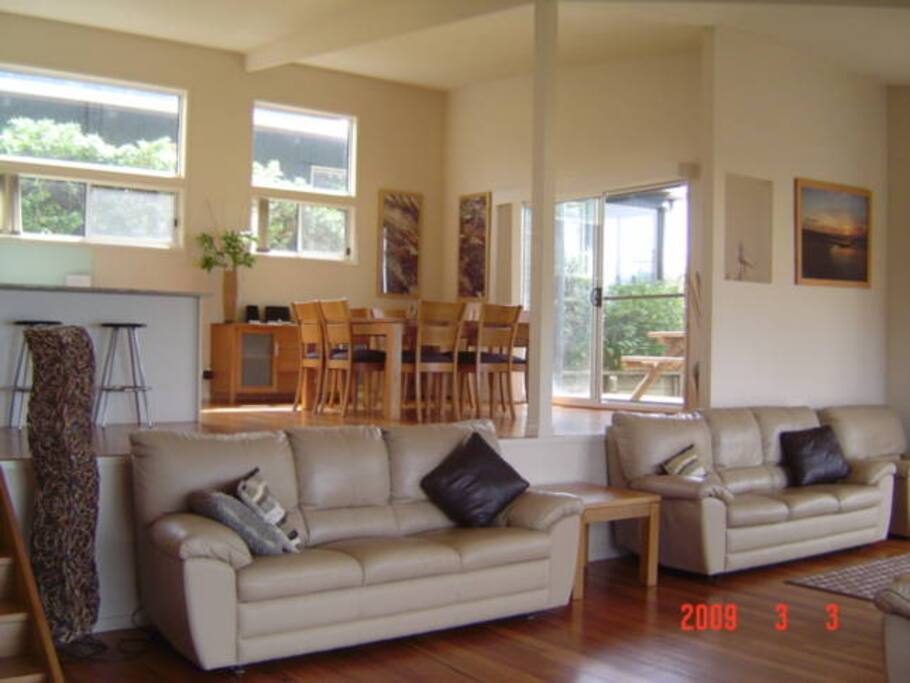 The living, dining and kitchen area