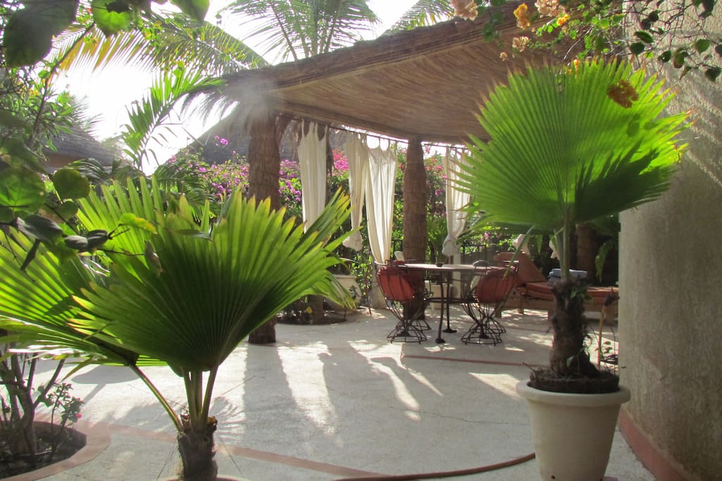 terrasse devant la villa,jardin entoure d arbustes et clos