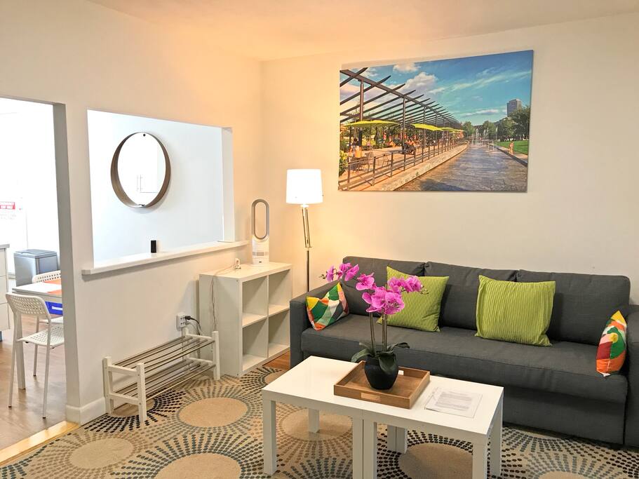 Living room with sofa that converts into a full size bed. Stored within the bed are 400 count sateen bed sheets, luxury pillows, warm soft comforter. The room has a large 50" Roku Smart TV that allows you to stream many channels and sites including Hulu, Netflix, Amazon Video, and also has an HDTV antennae. All of the art in our units are photos that are taken by your host Mac (me) and are all of local Boston sites and views.