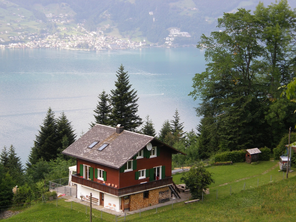 A two-story house is set on a grassy slope with trees surrounding it. The exterior features red and white accents, with green shutters framing the windows. A clear view of the lake and mountains is visible in the background, illustrating the serene landscape.