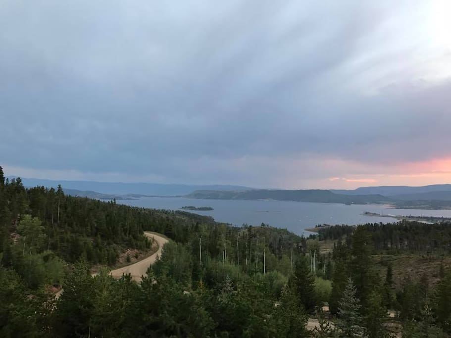 View of Grand Lake at sunset from patio deck