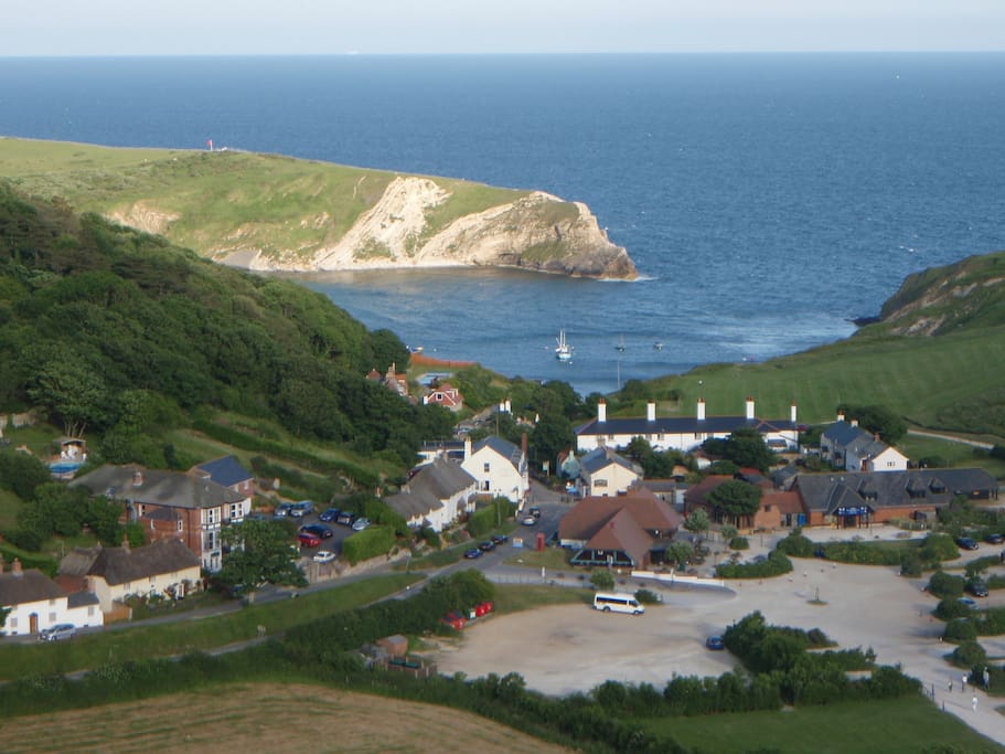 Rose Cottage on the left with Lulworth Cove behind.