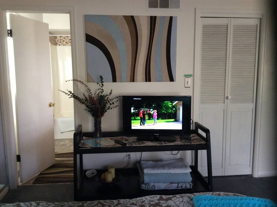 Your TV,next to your private bathroom.