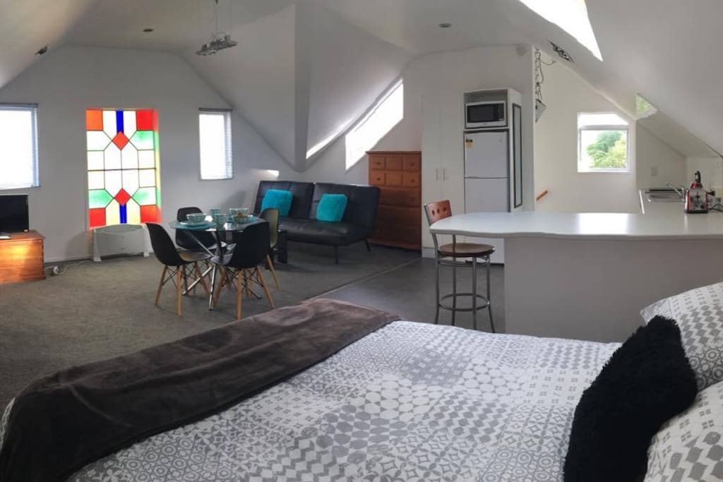 Studio is one room with queen bed and double sofa bed