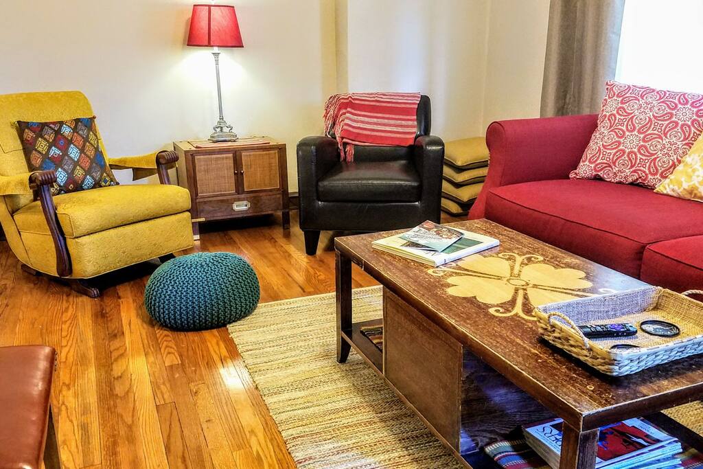 Living Room features boho country charms and cheery colors.