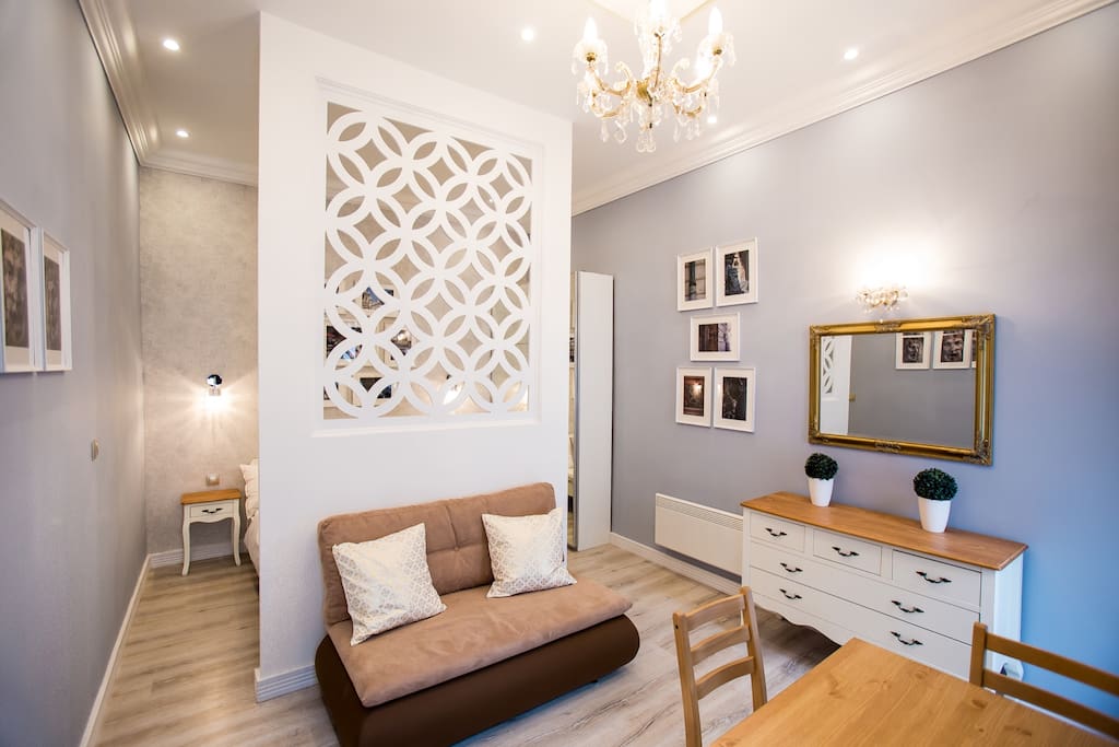 living romm/bedroom devided by a decor wall