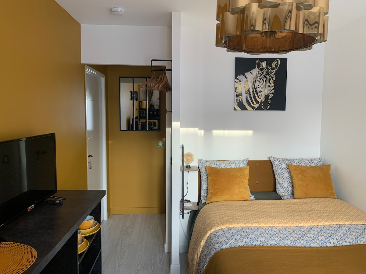 A cozy room features warm gold and white tones, with a spacious bed adorned with blue and gold throws. A zebra-themed art piece is displayed above the bed. A television is positioned on a dark wood cabinet, and a wardrobe with hangers is visible in the corner.