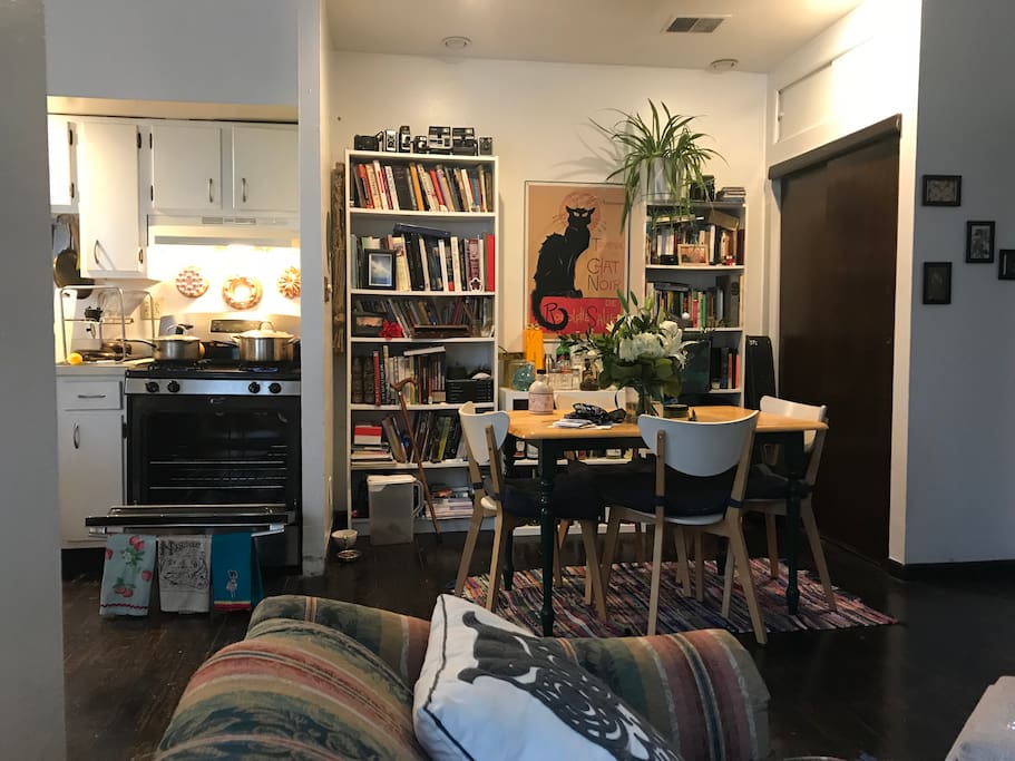 Dining, vinyl, and book area.