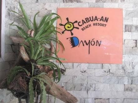 A resort sign featuring the name 'Cabua-an Beach Resort' is mounted on a textured stone wall. The sign is bright orange with a sun motif, and a potted plant with broad green leaves is positioned nearby, adding a touch of nature to the entrance.