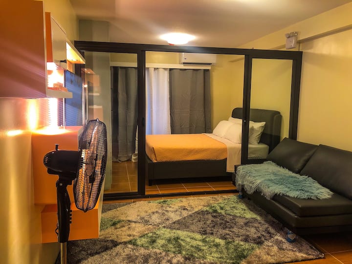 客厅-可扩展式蒙特利尔床，地毯面向电视机和立式风扇